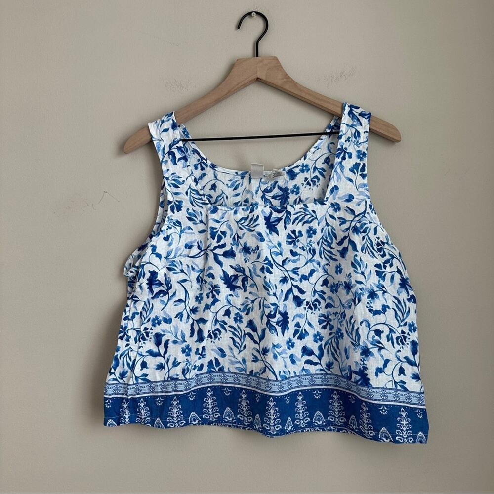 Joie Blue White Floral Linen Sleeveless Top Women’s Large 100% Linen - Picture 1 of 6
